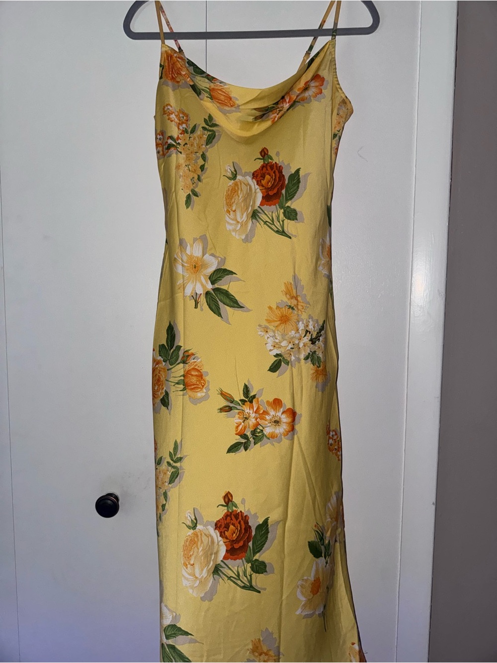 Yellow Floral Cowl-Neck Maxi Dress with Spaghetti Straps